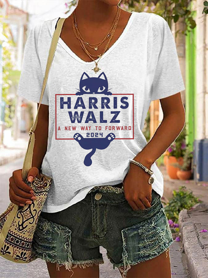 A New Way To Forward Harris Walz V-neck T-Shirt Childless Cat Lady Harris Walz 2024 Apparel